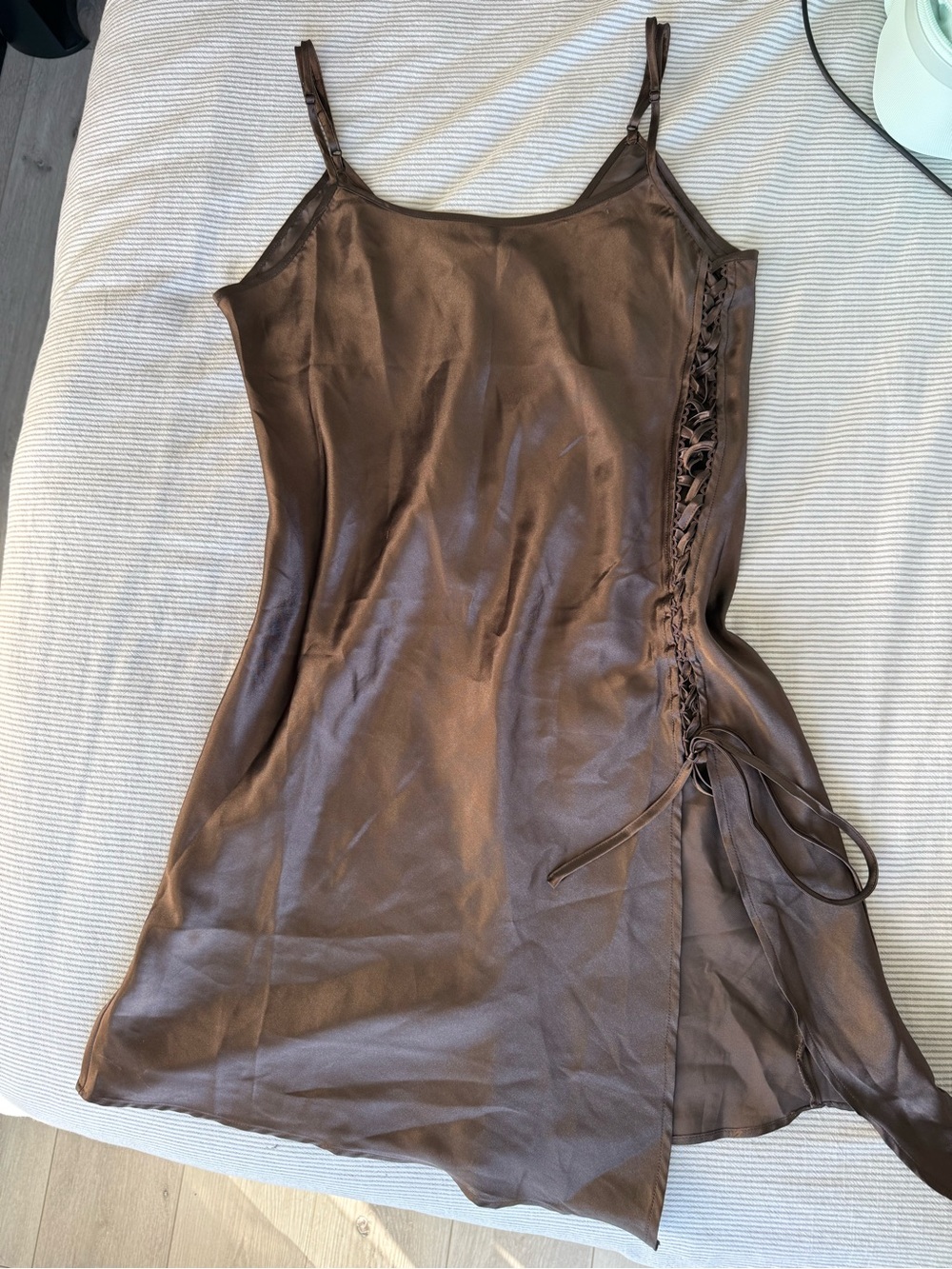 Y2K La Vie En Rose Brown Satin Lace-Up Chemise Slip